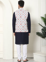 Men's Pure Cotton Navy Kurta and White Pyjama With Printed Cream Nehru Jacket Set