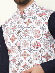 Men's Pure Cotton Navy Kurta and White Pyjama With Printed Cream Nehru Jacket Set