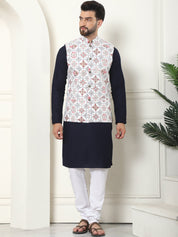 Men's Pure Cotton Navy Kurta and White Pyjama With Printed Cream Nehru Jacket Set