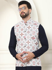 Men's Pure Cotton Navy Kurta and White Pyjama With Printed Cream Nehru Jacket Set