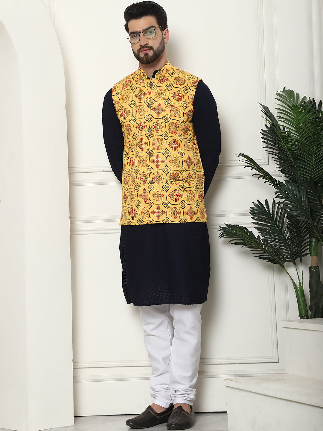 Men's Pure Cotton Navy Kurta and White Pyjama With Printed Mustard Nehru Jacket Set