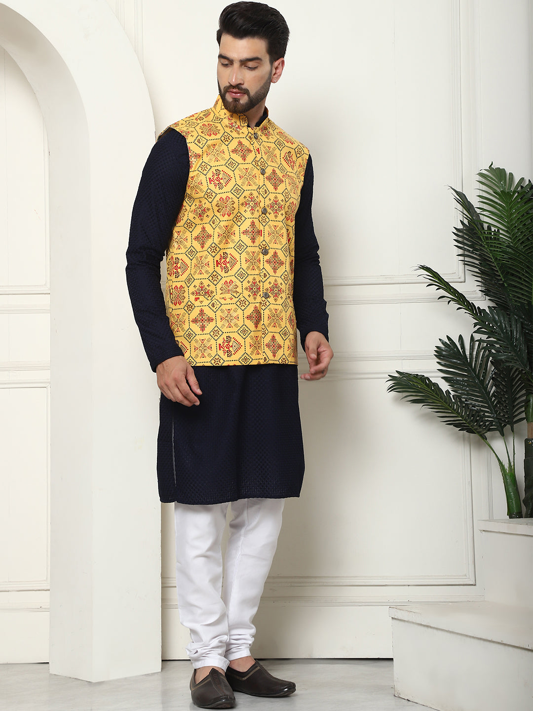 Men's Pure Cotton Navy Kurta and White Pyjama With Printed Mustard Nehru Jacket Set