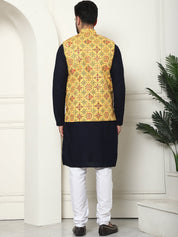 Men's Pure Cotton Navy Kurta and White Pyjama With Printed Mustard Nehru Jacket Set