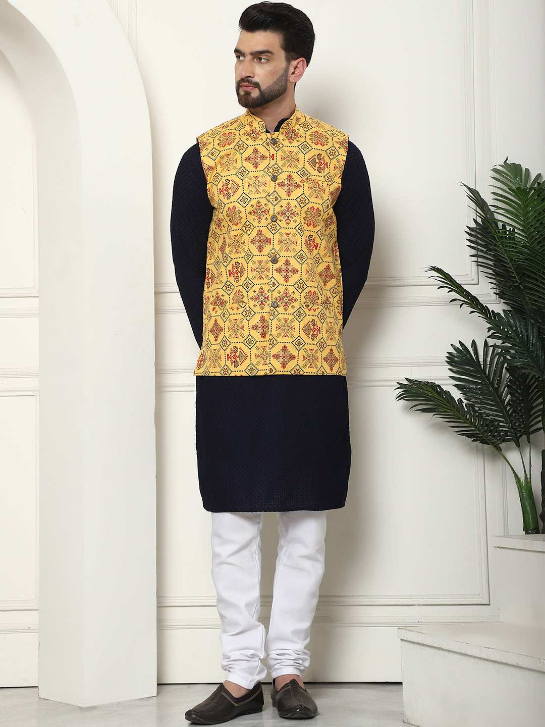 Men's Pure Cotton Navy Kurta and White Pyjama With Printed Mustard Nehru Jacket Set