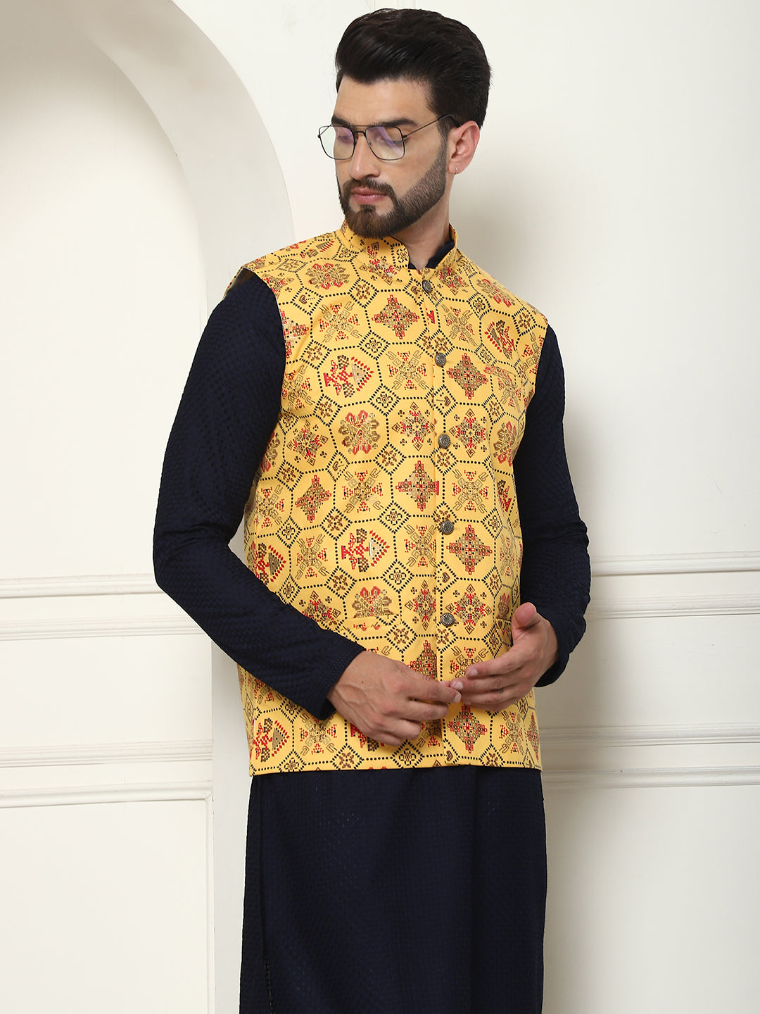 Men's Pure Cotton Navy Kurta and White Pyjama With Printed Mustard Nehru Jacket Set