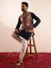 Men's Cotton Navy Kurta & White Pyjama With Paisley Design Velvet Cream Nehru Jacket