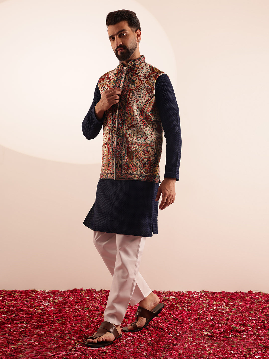Men's Cotton Navy Kurta & White Pyjama With Paisley Design Velvet Cream Nehru Jacket