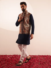 Men's Cotton Navy Kurta & White Pyjama With Paisley Design Velvet Cream Nehru Jacket