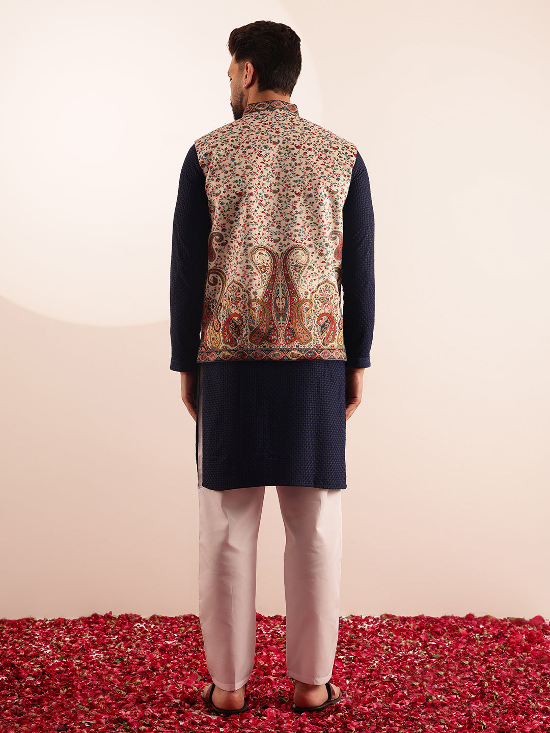 Men's Cotton Navy Kurta & White Pyjama With Paisley Design Velvet Cream Nehru Jacket