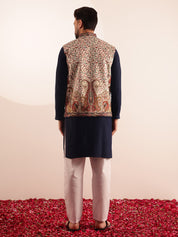 Men's Cotton Navy Kurta & White Pyjama With Paisley Design Velvet Cream Nehru Jacket
