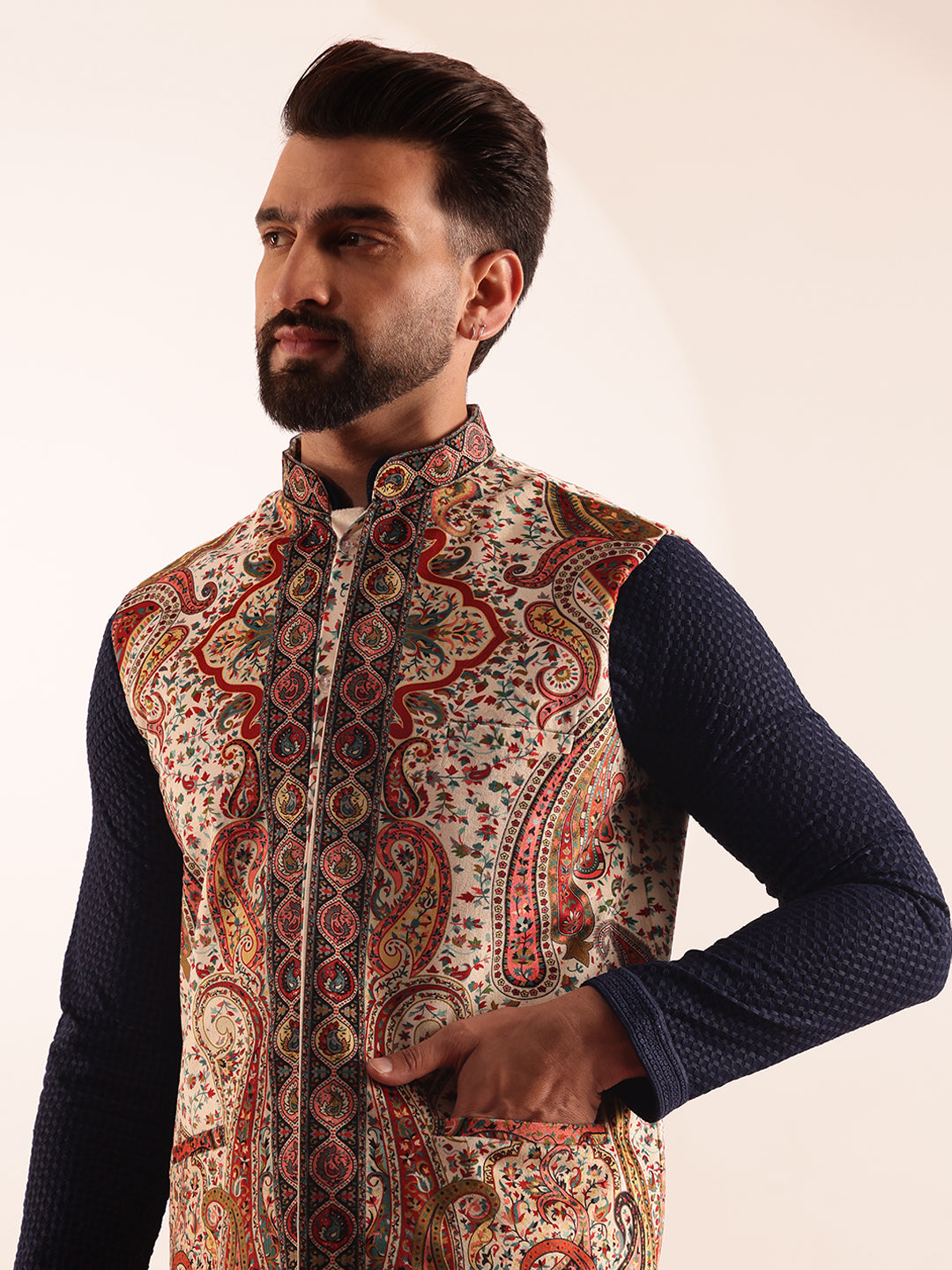 Men's Cotton Navy Kurta & White Pyjama With Paisley Design Velvet Cream Nehru Jacket