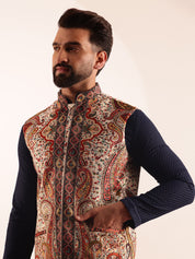 Men's Cotton Navy Kurta & White Pyjama With Paisley Design Velvet Cream Nehru Jacket