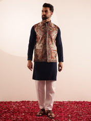 Men's Cotton Navy Kurta & White Pyjama With Paisley Design Velvet Cream Nehru Jacket