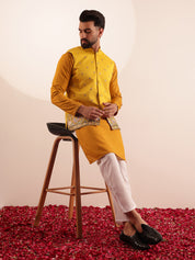 Men's Cotton Yellow Kurta & White Pyjama With Daman Embroidered Yellow Nehru Jacket