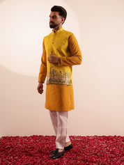 Men's Cotton Yellow Kurta & White Pyjama With Daman Embroidered Yellow Nehru Jacket