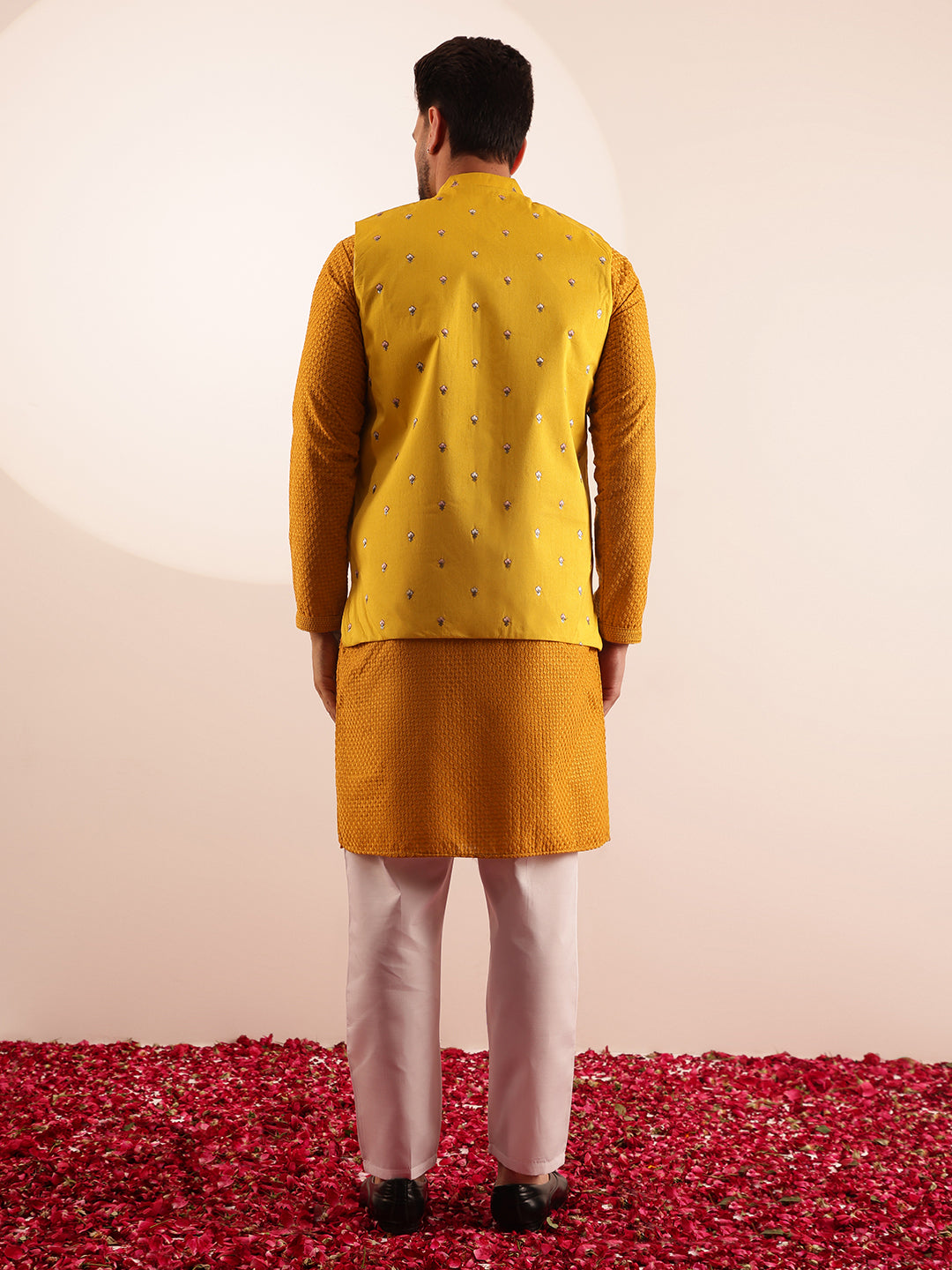Men's Cotton Yellow Kurta & White Pyjama With Daman Embroidered Yellow Nehru Jacket