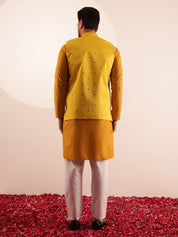 Men's Cotton Yellow Kurta & White Pyjama With Daman Embroidered Yellow Nehru Jacket