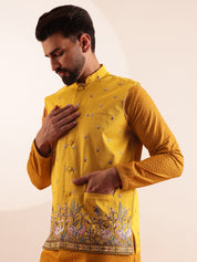 Men's Cotton Yellow Kurta & White Pyjama With Daman Embroidered Yellow Nehru Jacket