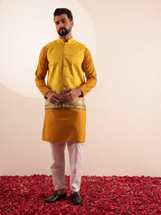 Men's Cotton Yellow Kurta & White Pyjama With Daman Embroidered Yellow Nehru Jacket