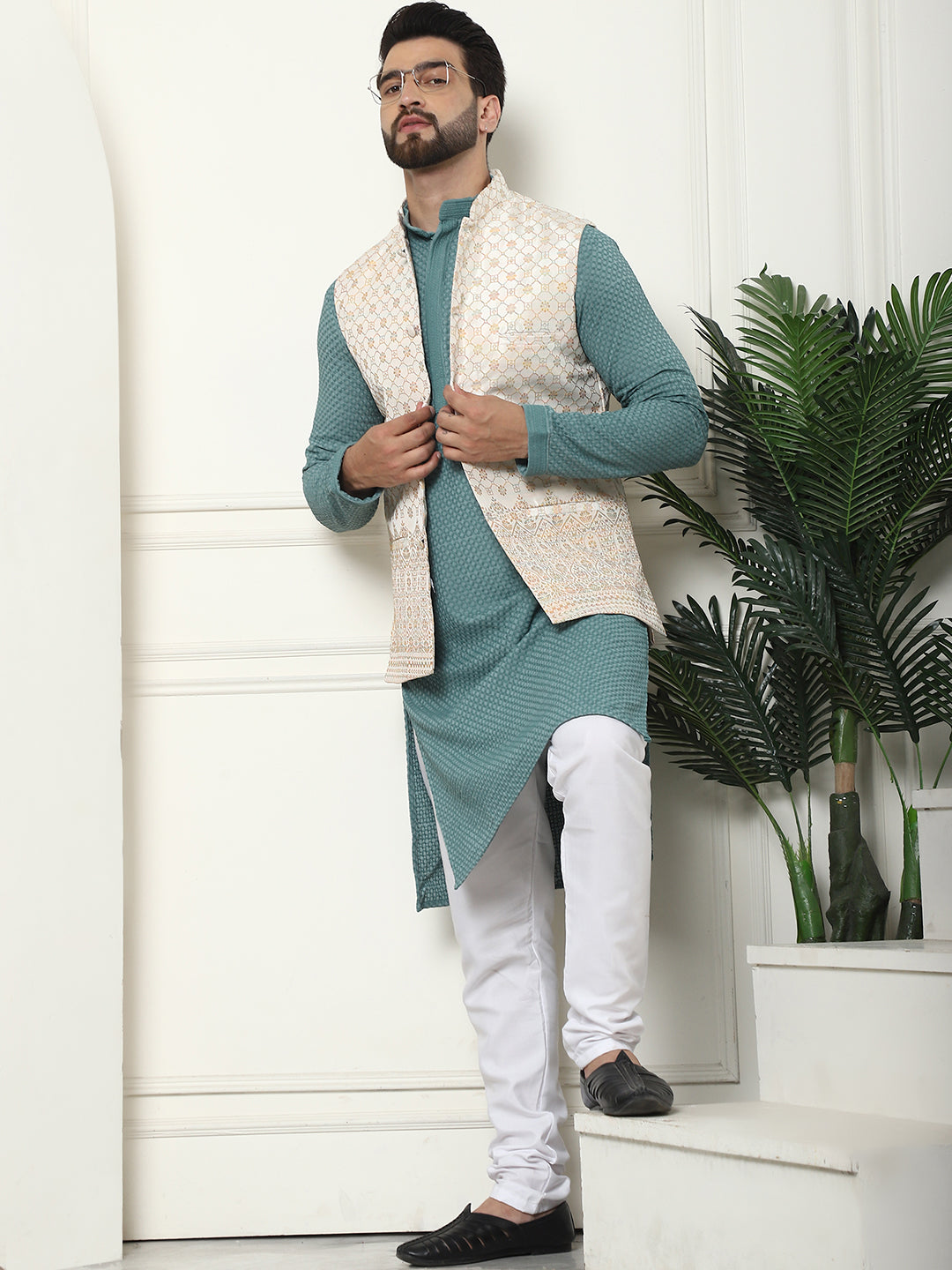 Men's Pure Cotton Sea Green Kurta and White Pyjama With Cream Nehru Jacket Set