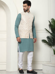 Men's Pure Cotton Sea Green Kurta and White Pyjama With Cream Nehru Jacket Set