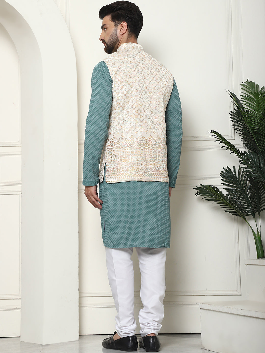 Men's Pure Cotton Sea Green Kurta and White Pyjama With Cream Nehru Jacket Set