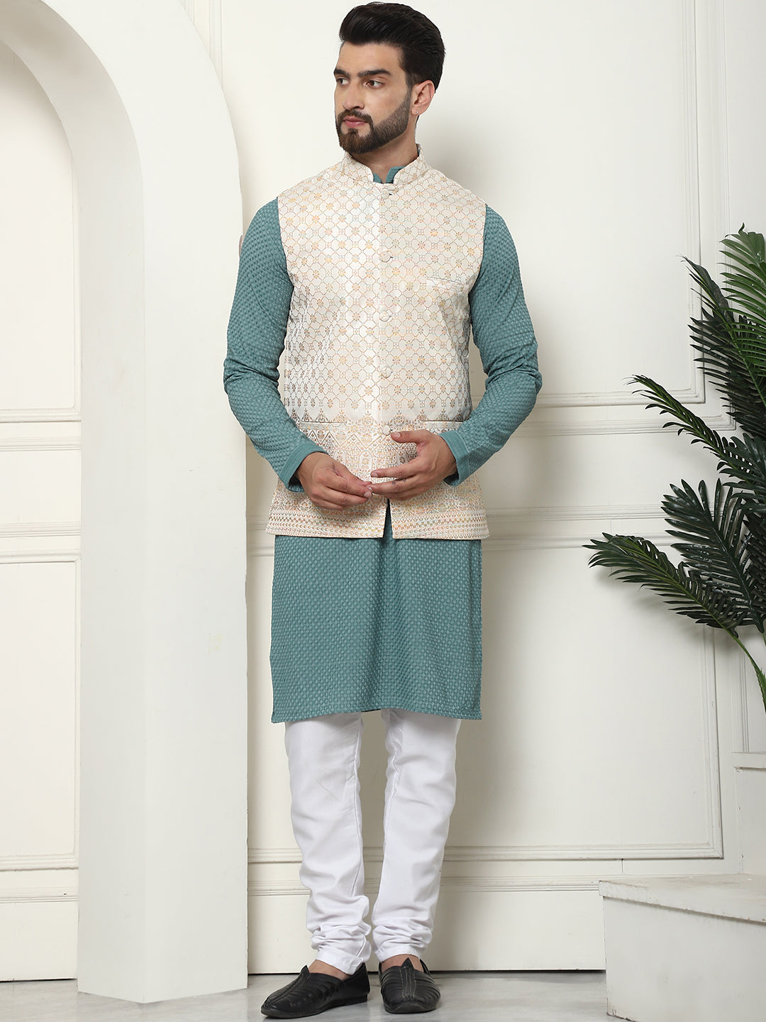 Men's Pure Cotton Sea Green Kurta and White Pyjama With Cream Nehru Jacket Set