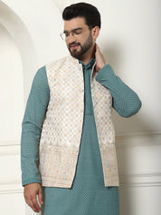 Men's Pure Cotton Sea Green Kurta and White Pyjama With Cream Nehru Jacket Set