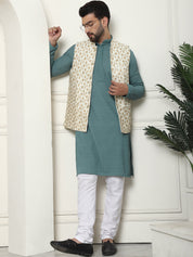 Men's Pure Cotton Sea Green Kurta and White Pyjama With Embroidered Cream Nehru Jacket Set