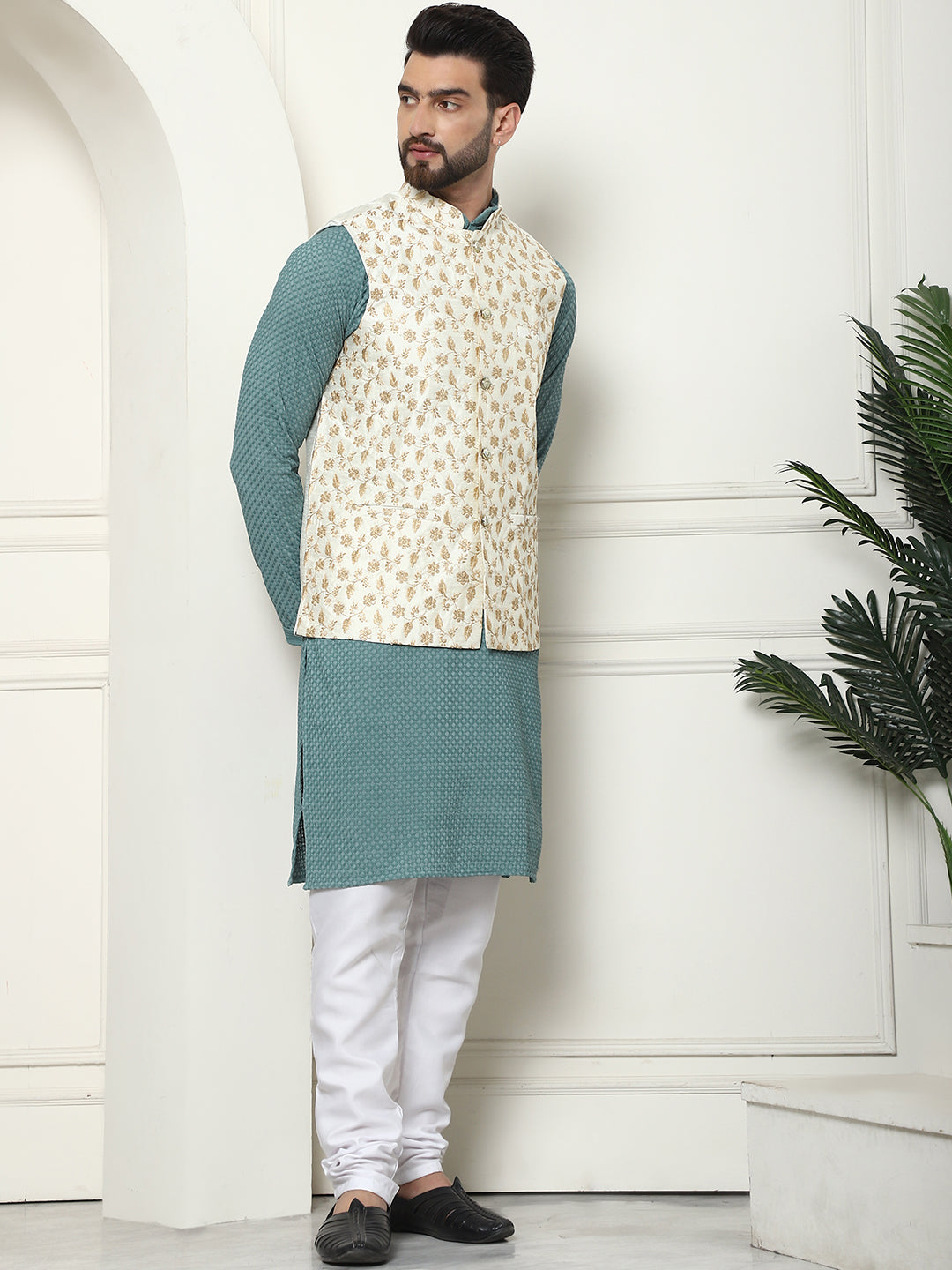 Men's Pure Cotton Sea Green Kurta and White Pyjama With Embroidered Cream Nehru Jacket Set