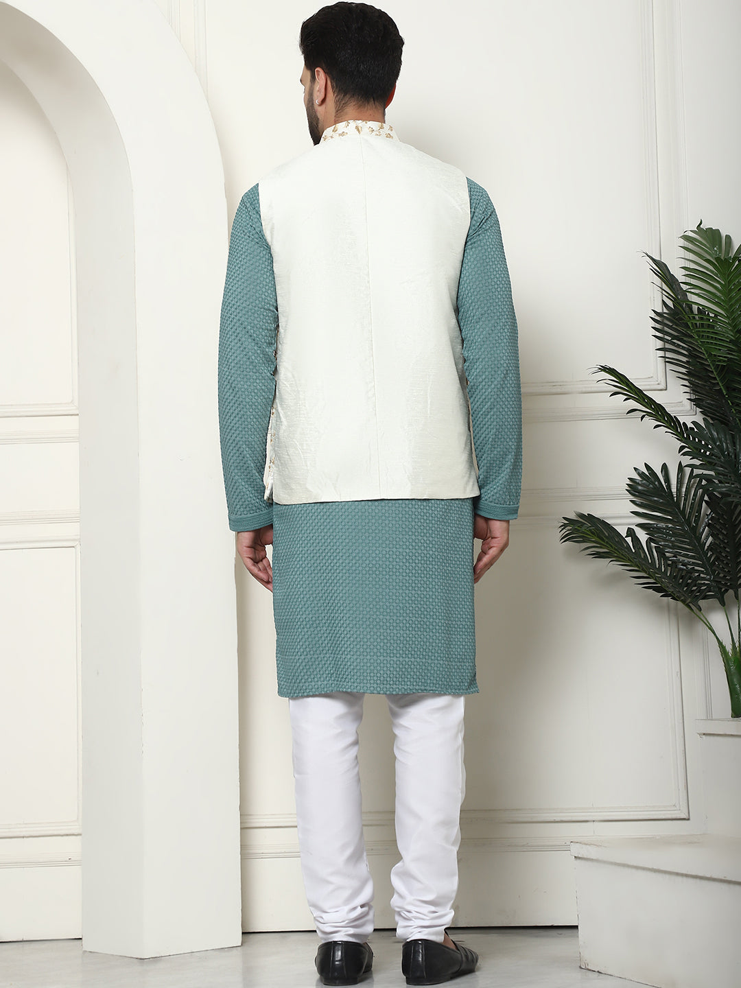 Men's Pure Cotton Sea Green Kurta and White Pyjama With Embroidered Cream Nehru Jacket Set