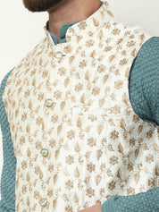 Men's Pure Cotton Sea Green Kurta and White Pyjama With Embroidered Cream Nehru Jacket Set