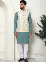 Men's Pure Cotton Sea Green Kurta and White Pyjama With Embroidered Cream Nehru Jacket Set