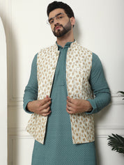 Men's Pure Cotton Sea Green Kurta and White Pyjama With Embroidered Cream Nehru Jacket Set