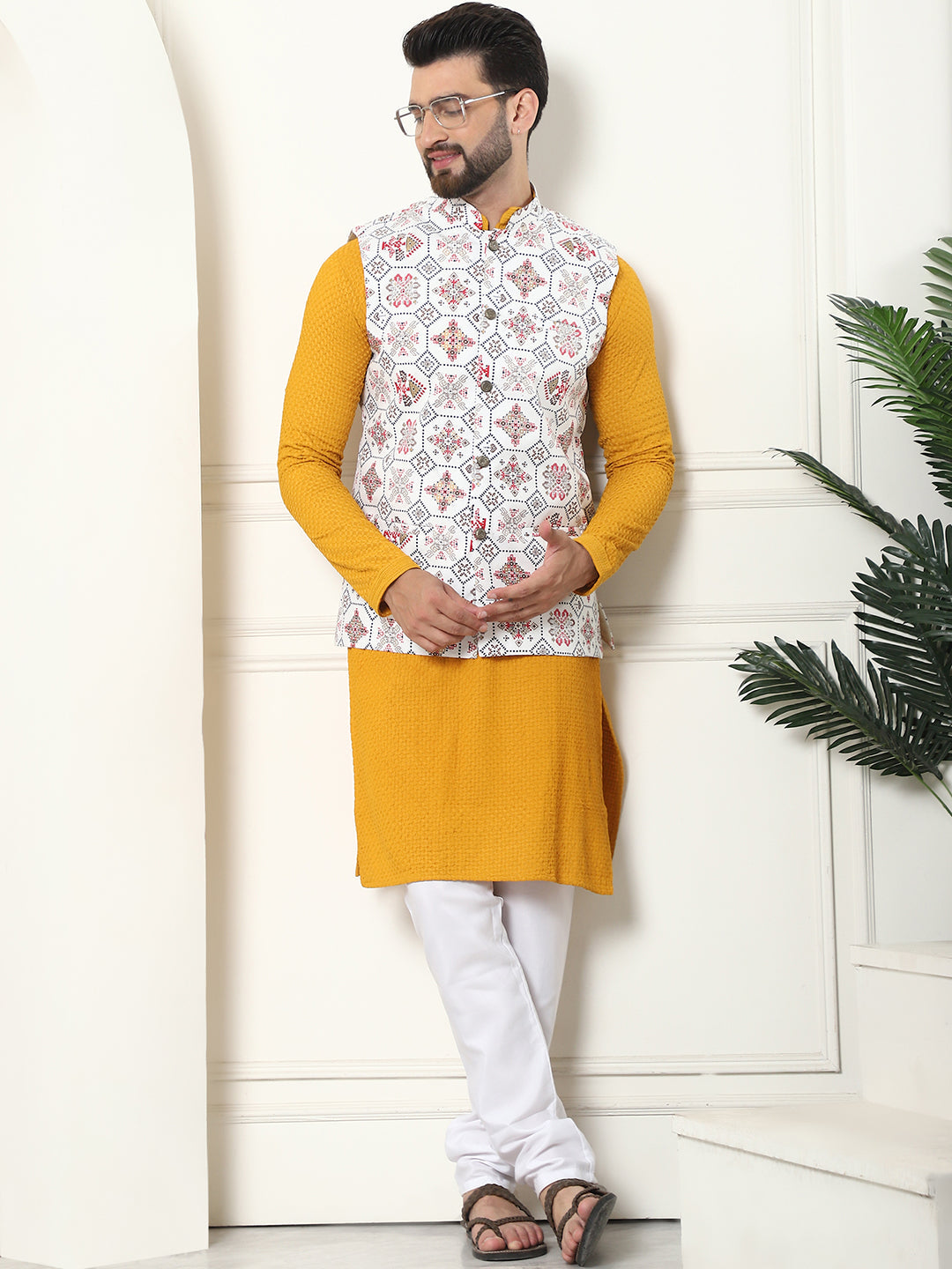 Men's Pure Cotton Mustard Kurta and White Pyjama With Printed Cream Nehru Jacket Set