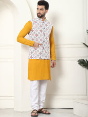 Men's Pure Cotton Mustard Kurta and White Pyjama With Printed Cream Nehru Jacket Set