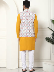 Men's Pure Cotton Mustard Kurta and White Pyjama With Printed Cream Nehru Jacket Set