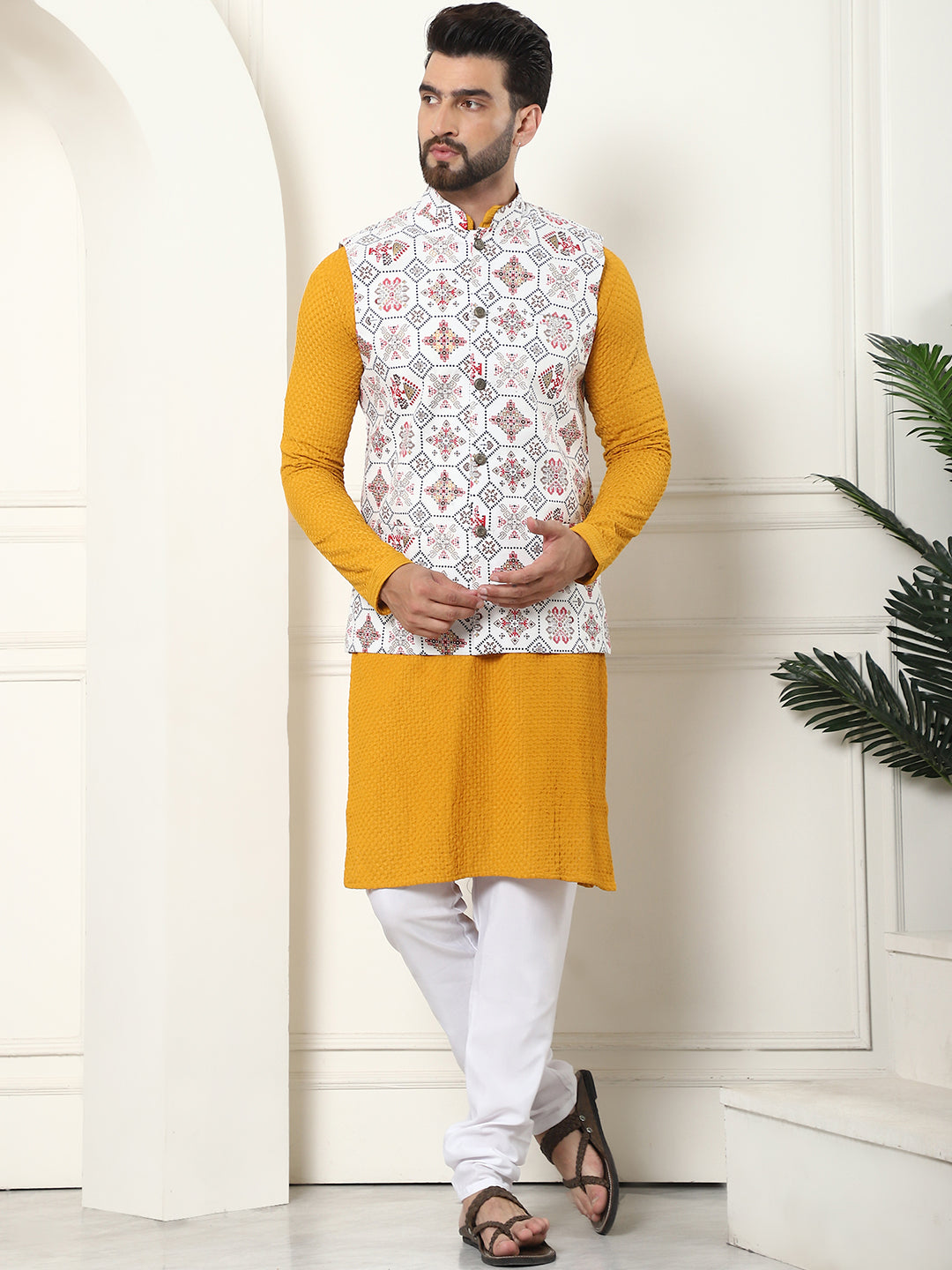 Men's Pure Cotton Mustard Kurta and White Pyjama With Printed Cream Nehru Jacket Set