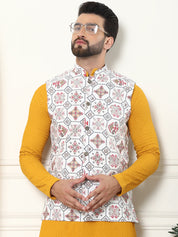 Men's Pure Cotton Mustard Kurta and White Pyjama With Printed Cream Nehru Jacket Set