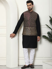 Men's Pure Cotton Black Kurta and White Pyjama With Wine Nehru Jacket Set