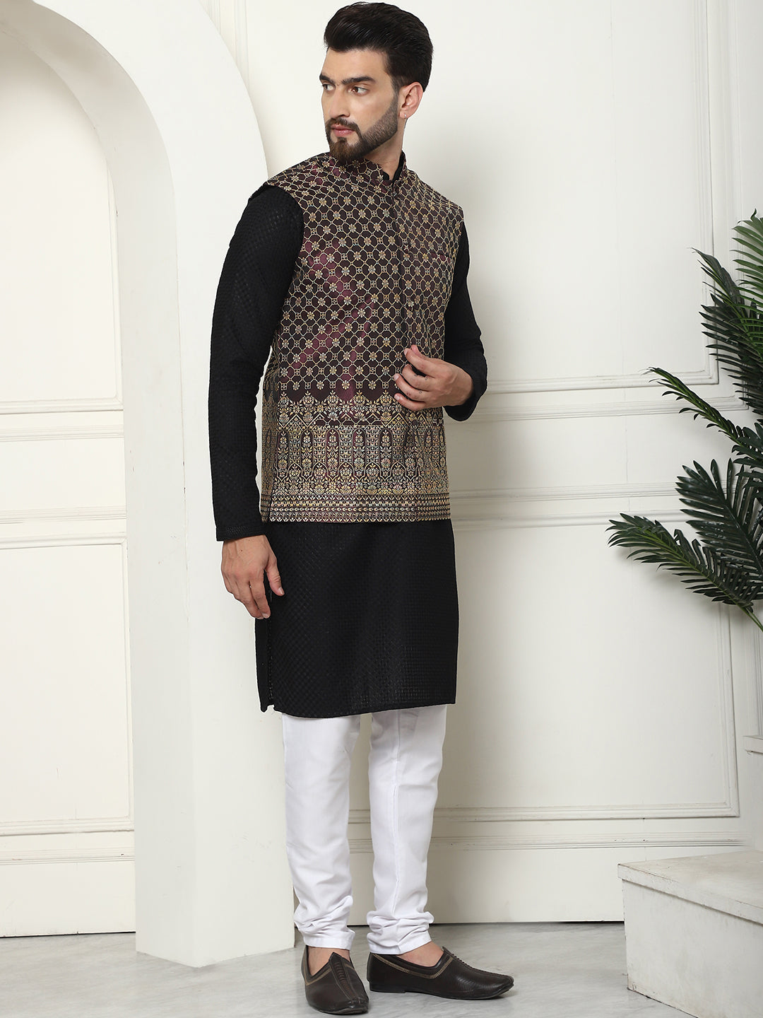 Men's Pure Cotton Black Kurta and White Pyjama With Wine Nehru Jacket Set