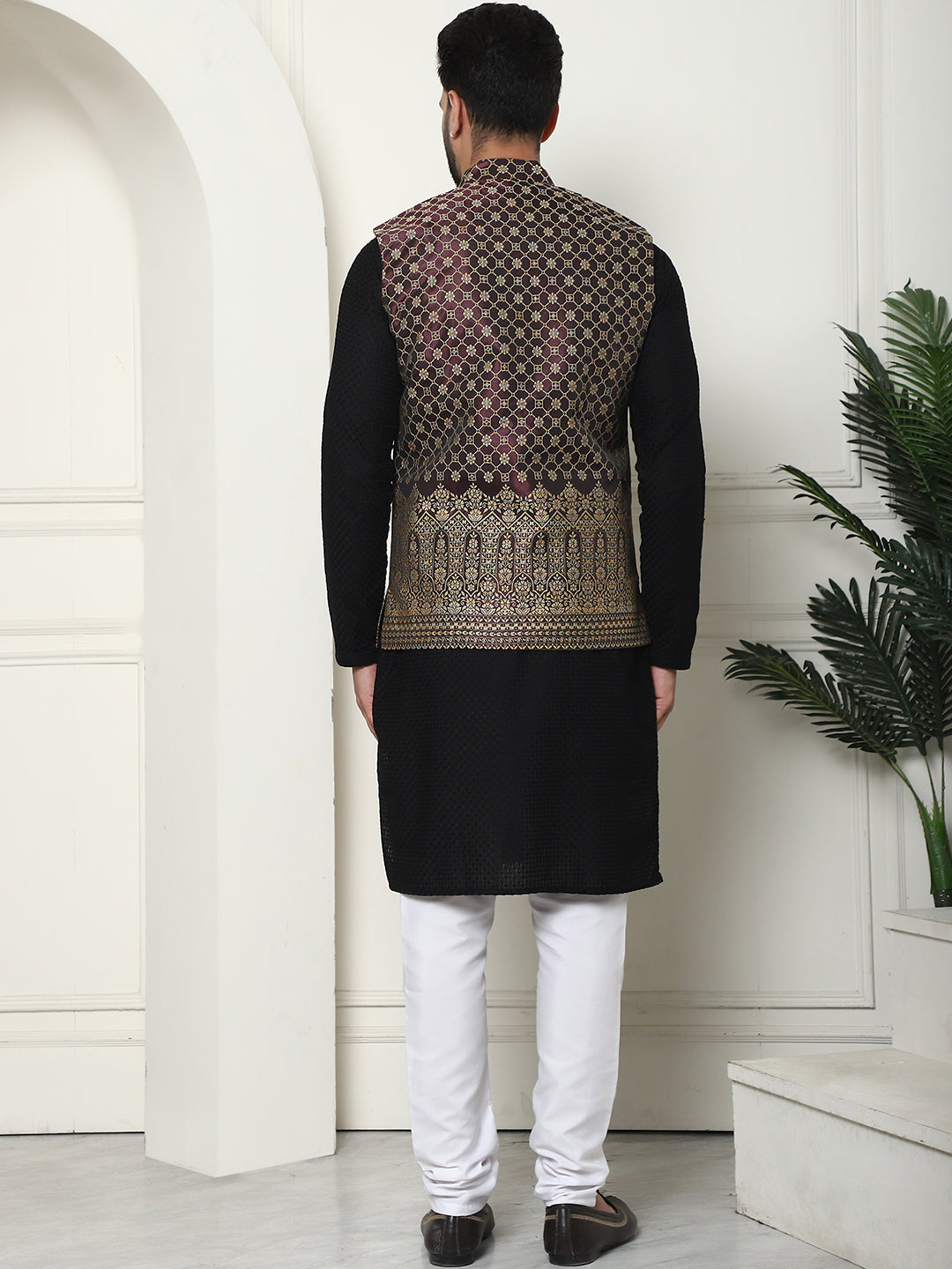 Men's Pure Cotton Black Kurta and White Pyjama With Wine Nehru Jacket Set