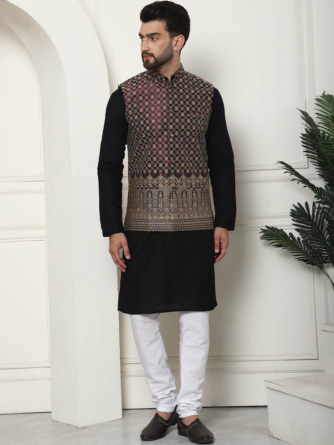 Men's Pure Cotton Black Kurta and White Pyjama With Wine Nehru Jacket Set