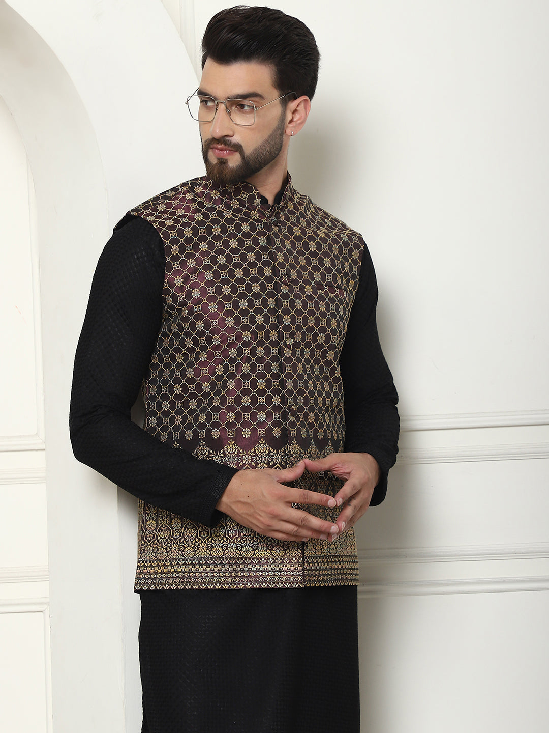 Men's Pure Cotton Black Kurta and White Pyjama With Wine Nehru Jacket Set