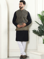 Men's Pure Cotton Black Kurta and White Pyjama With Black Nehru Jacket Set