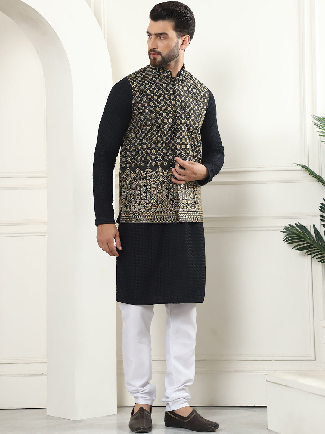 Men's Pure Cotton Black Kurta and White Pyjama With Black Nehru Jacket Set