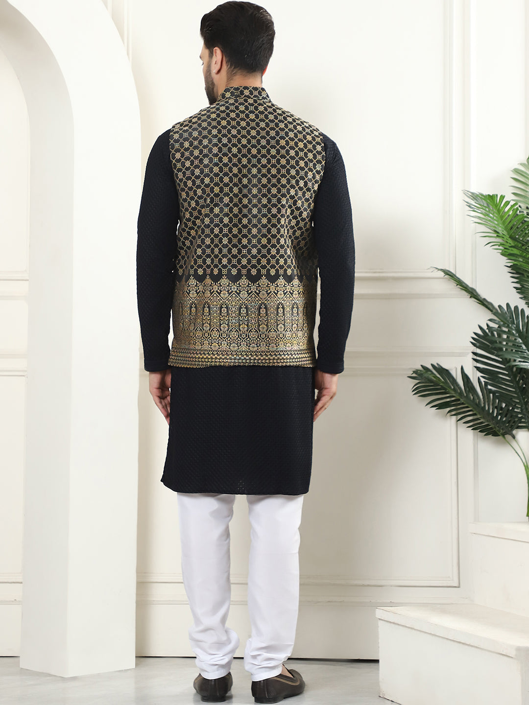 Men's Pure Cotton Black Kurta and White Pyjama With Black Nehru Jacket Set