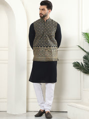 Men's Pure Cotton Black Kurta and White Pyjama With Black Nehru Jacket Set