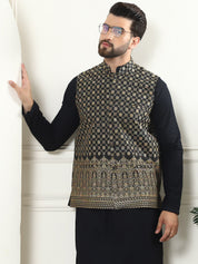 Men's Pure Cotton Black Kurta and White Pyjama With Black Nehru Jacket Set