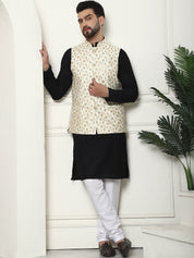 Men's Pure Cotton Black Kurta and White Pyjama With Embroidered Cream Nehru Jacket Set